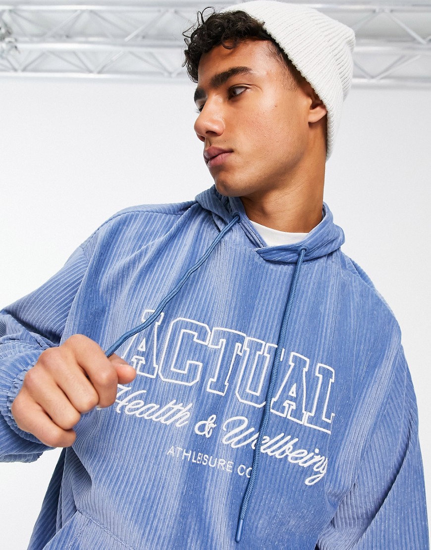 ASOS Actual oversized hoodie in cord detail with logo in blue