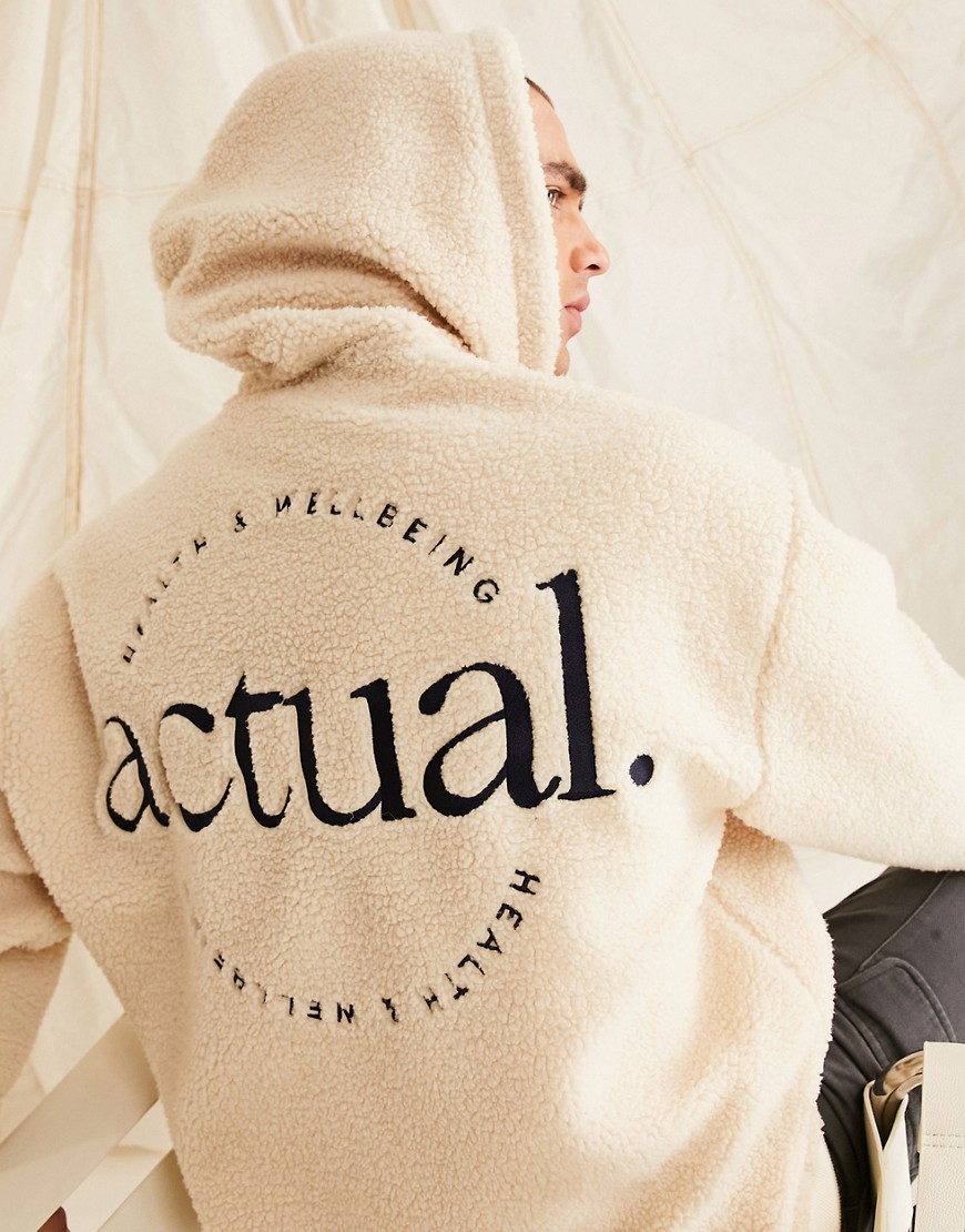 ASOS Actual oversized hoodie in teddy borg with back logo embroidery in neutral