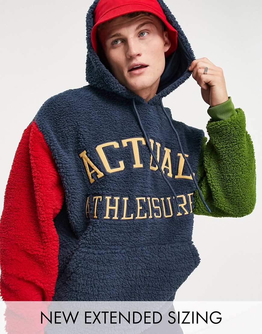 ASOS Actual oversized hoodie in teddy fleece with color block sleeves and logo in navy