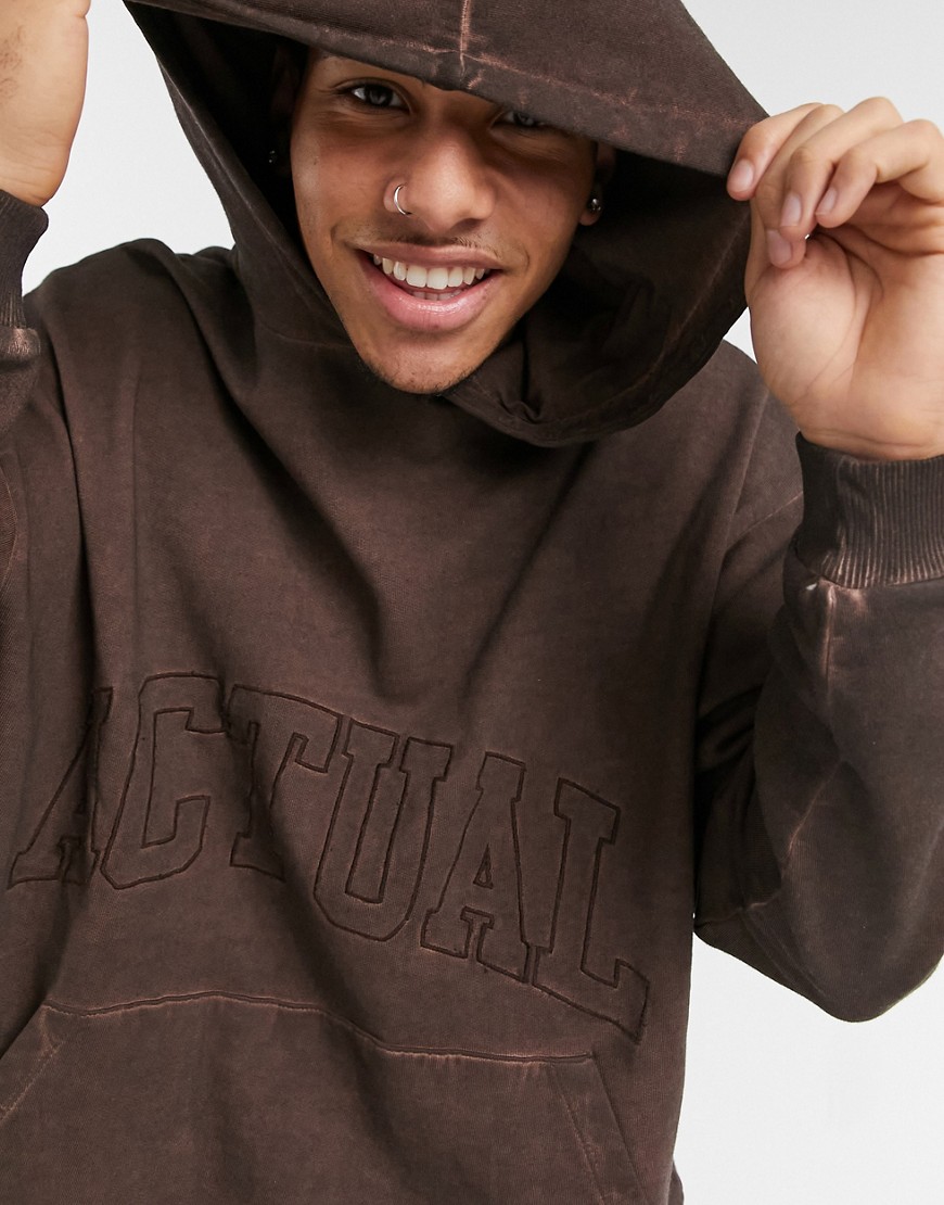 Asos Actual Oversized Hoodie In Washed Brown With Front Embroidery