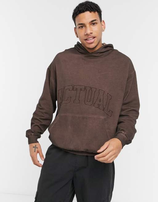 ASOS Actual oversized hoodie in washed brown with front embroidery