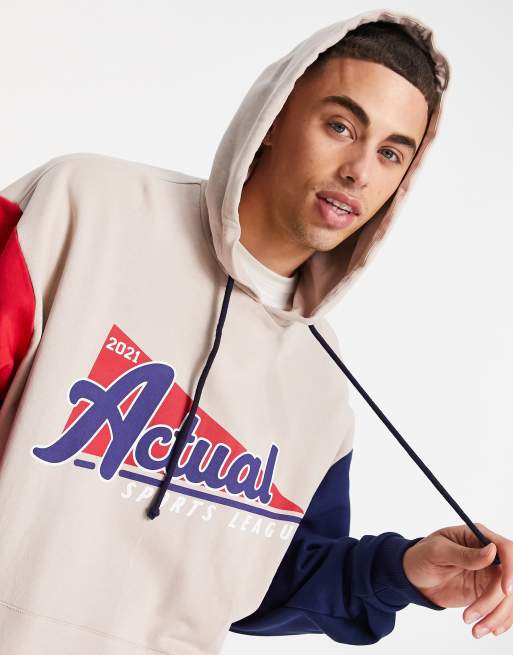 ASOS Actual oversized hoodie with color block detail and vintage sports print in burgundy and navy
