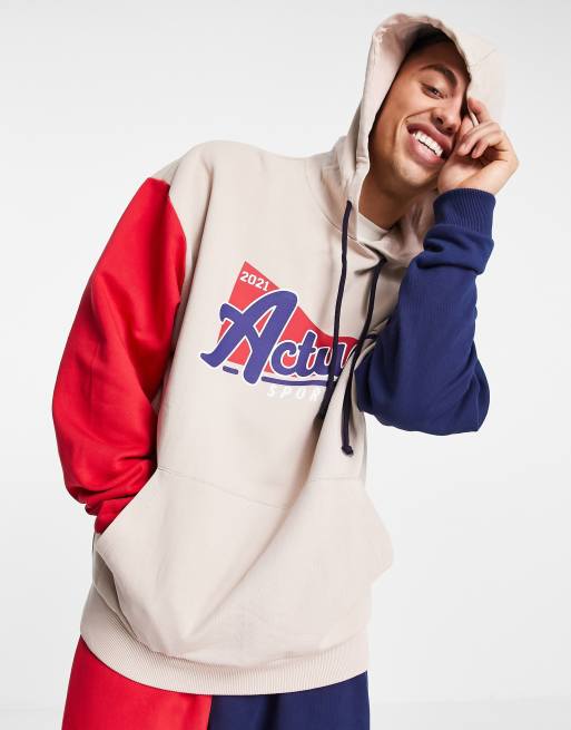 ASOS Actual oversized hoodie with colour block detail and vintage sports print in burgundy and navy
