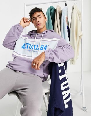 ASOS Actual oversized hoodie with colour block front panel and logo print in purple - ASOS Price Checker