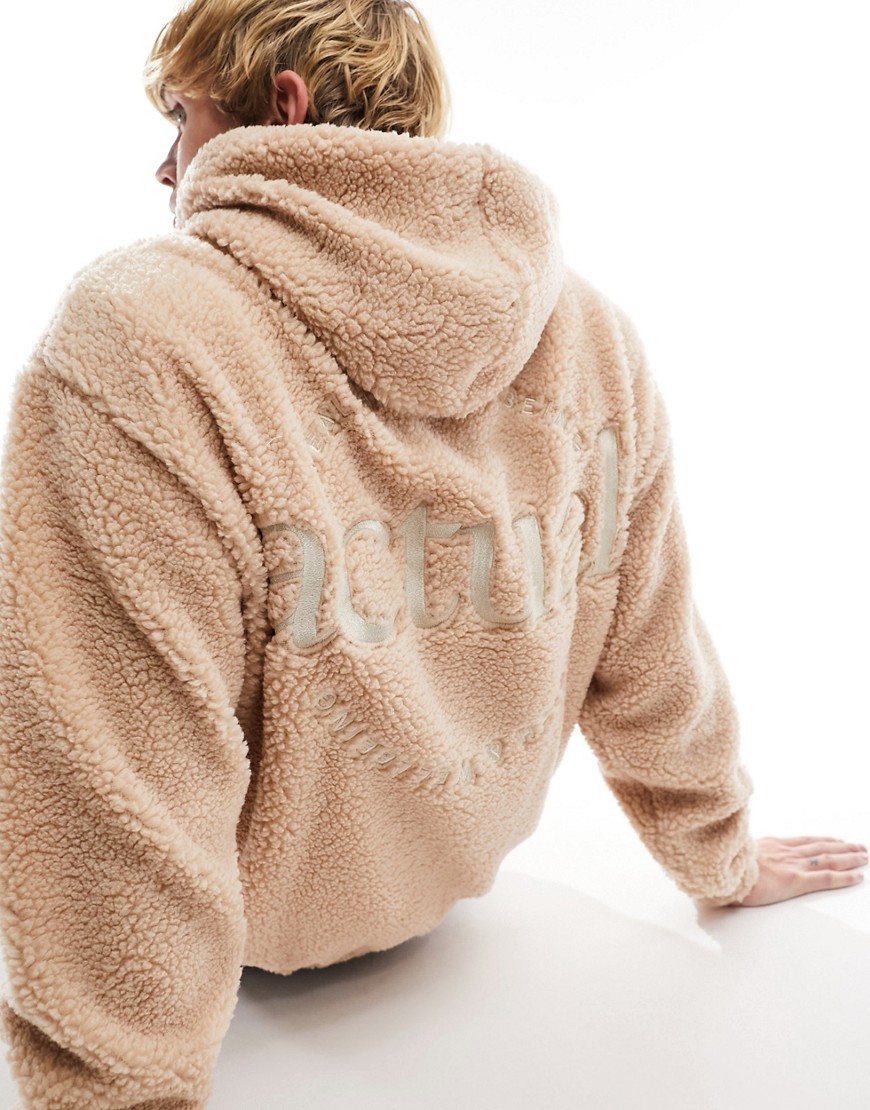 Asos Design Asos Actual Oversized Hoodie With Front And Back Embroidery In Beige Borg-neutral