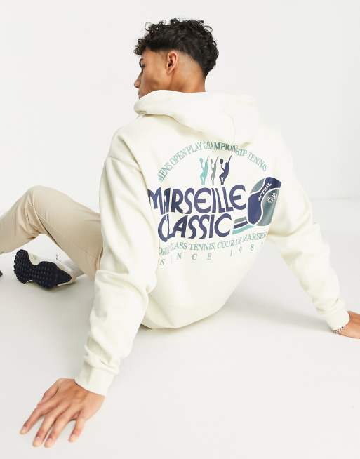 ASOS DESIGN oversized hoodie in off white with New York city skyline print