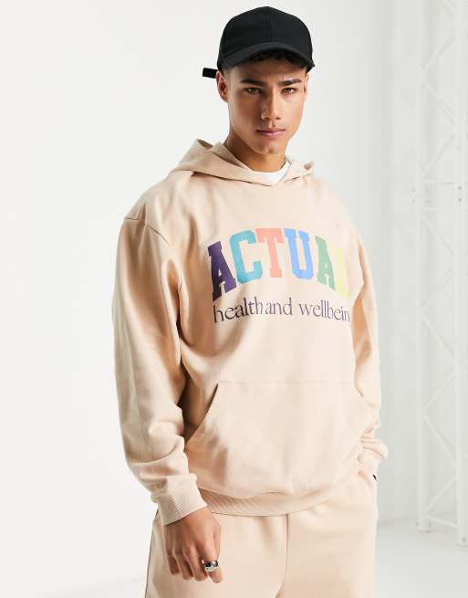 ASOS Actual oversized hoodie with multi colored logo print in beige - part of a set 