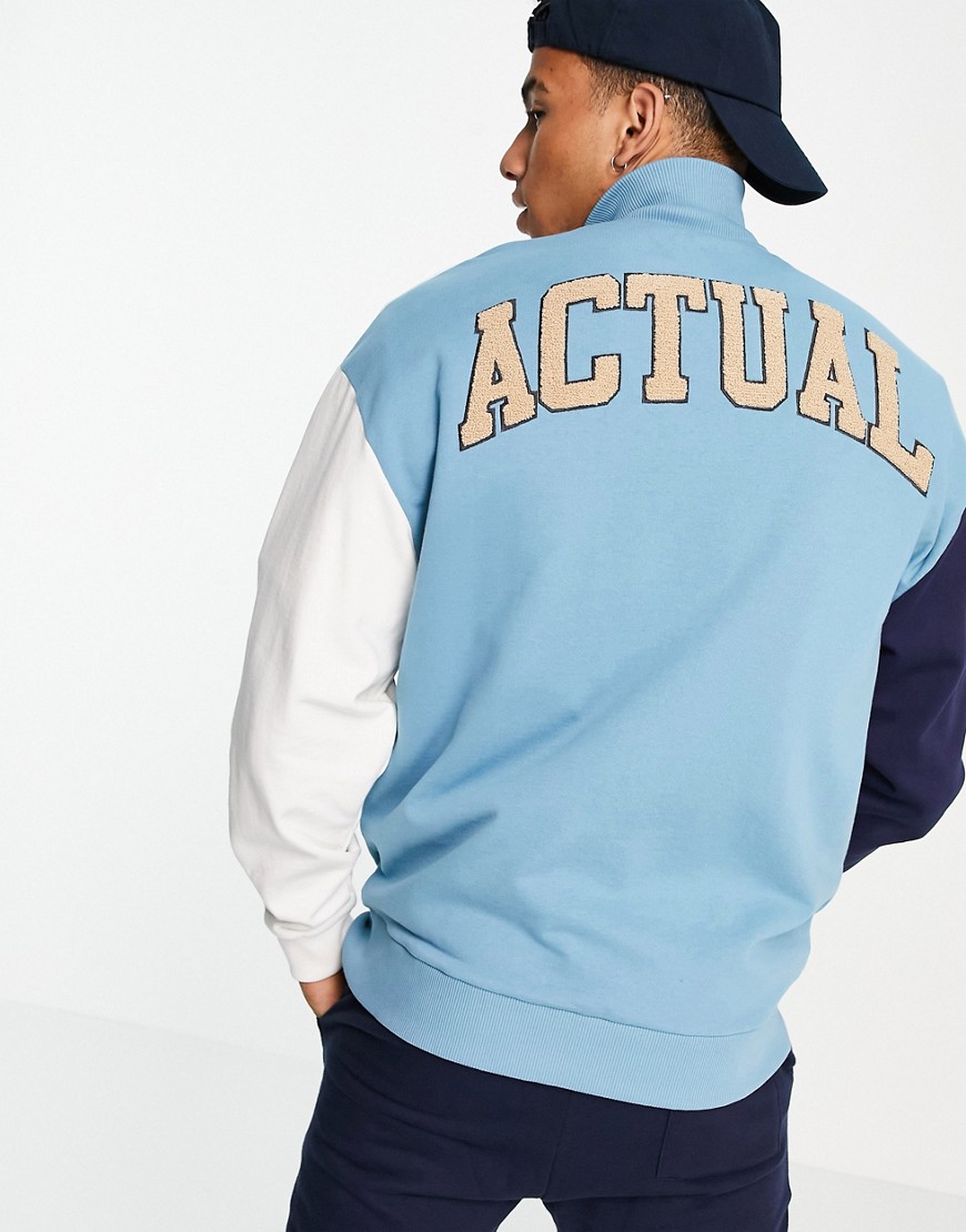 ASOS Actual oversized jersey jacket in blue with color blocking and applique logo-Blues
