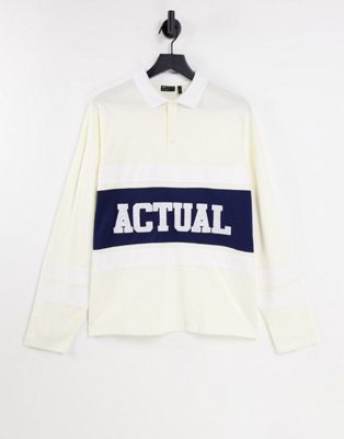 ASOS Actual oversized long sleeve rugby polo shirt with colour block stripe and logo print in ecru