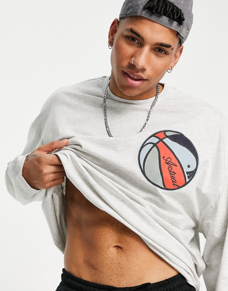 ASOS Actual oversized long sleeve T-shirt in white marl with basketball print