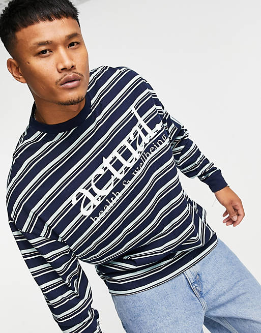  oversized long sleeve t-shirt with all over stripe print and chest logo in navy 