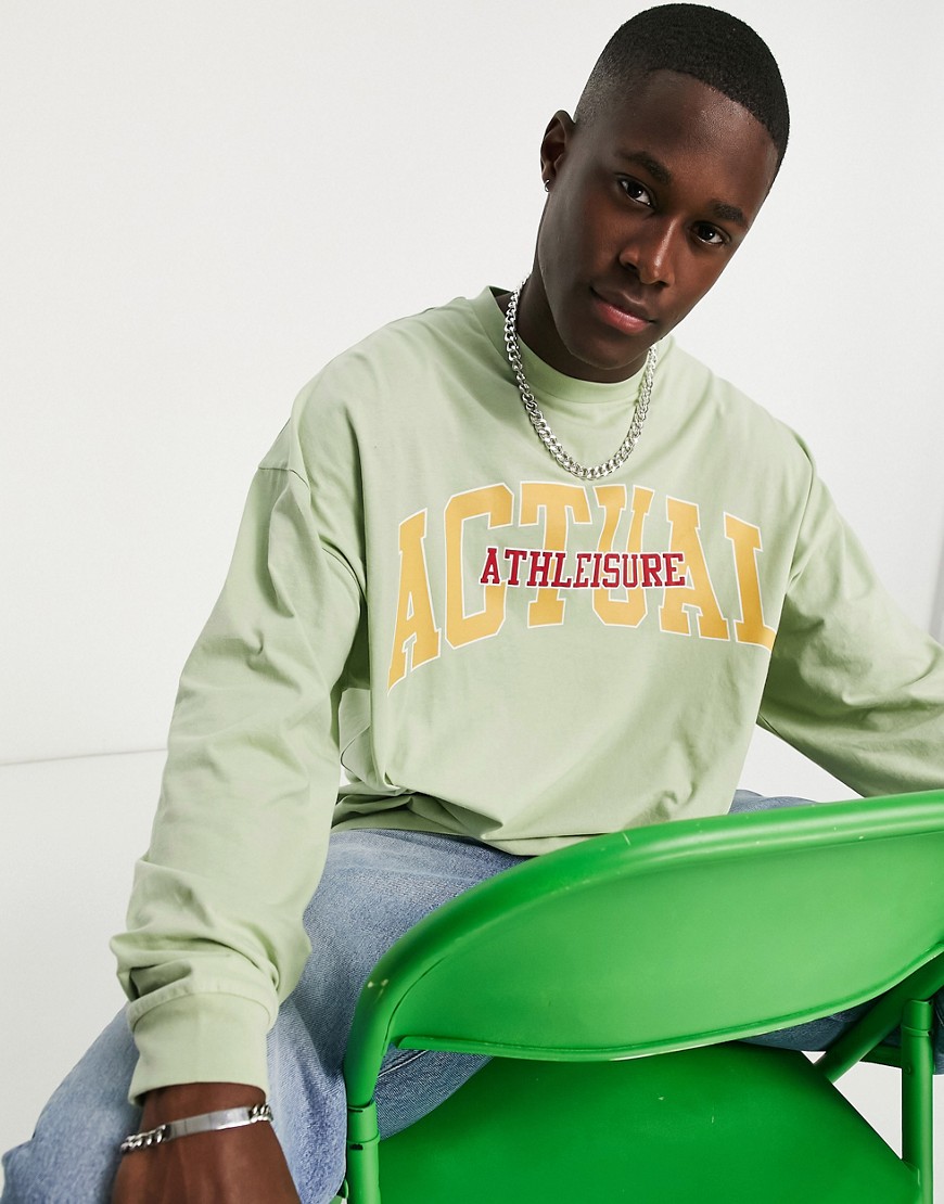 ASOS Actual oversized long sleeve t-shirt with logo print in light green