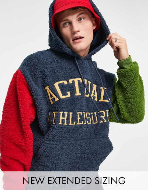 ASOS Actual - Oversized navyblå hættetrøje i imiteret lammeskind med farveblok på ærmerne og logo