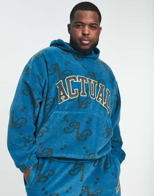 ASOS Actual oversized polar fleece hoodie with all over print and applique logo in blue part of a set