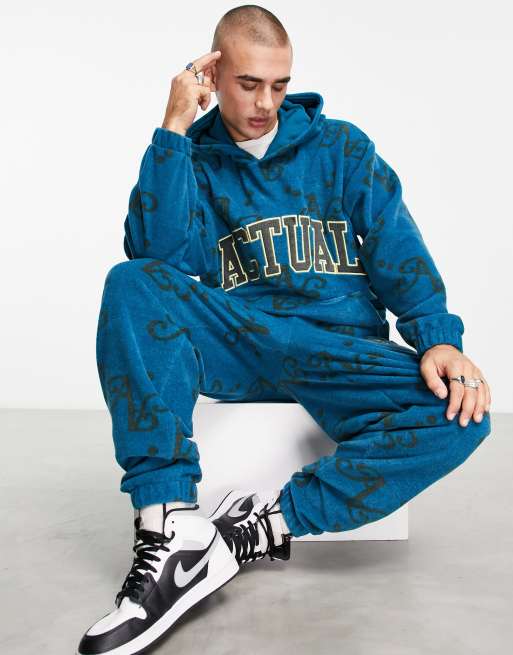 ASOS Actual oversized polar fleece hoodie with all over print and applique logo in blue part of a set