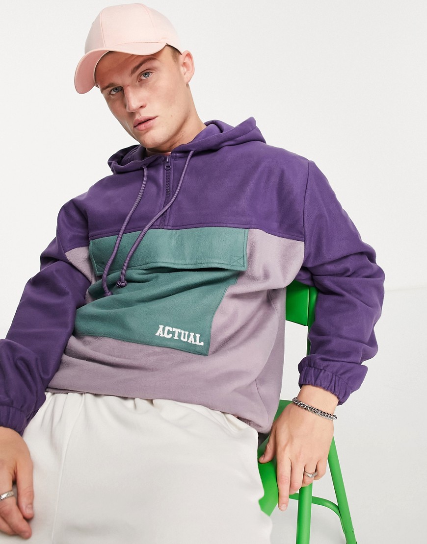 ASOS Actual oversized quarter zip hoodie in colour block with logo print in purple