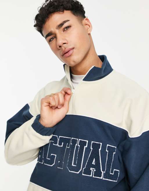 ASOS Actual oversized quarter zip sweatshirt in colour block polar fleece  with logo applique in cream