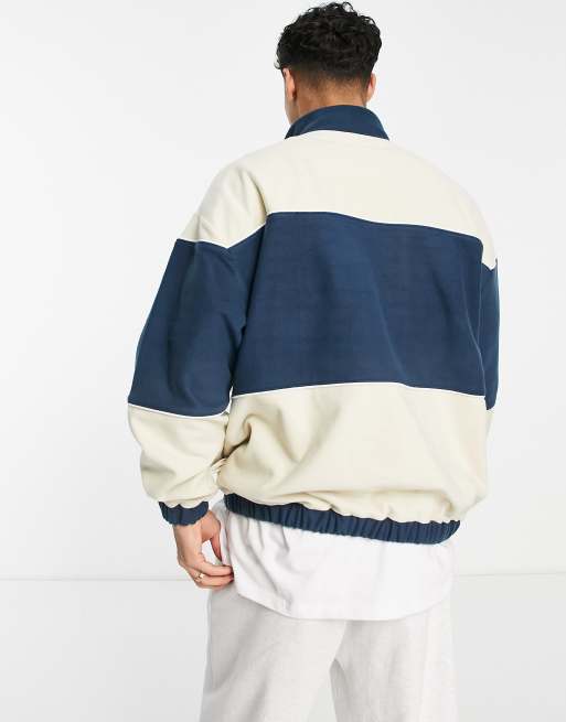 ASOS Actual oversized quarter zip sweatshirt in colour block polar fleece  with logo applique in cream