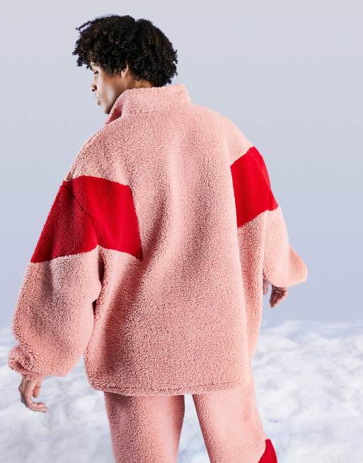 ASOS Actual oversized quarter zip sweatshirt in sherpa chevron color block in rose part of a set