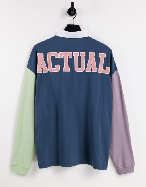 ASOS Actual oversized rugby polo shirt in colour block with logo print in navy