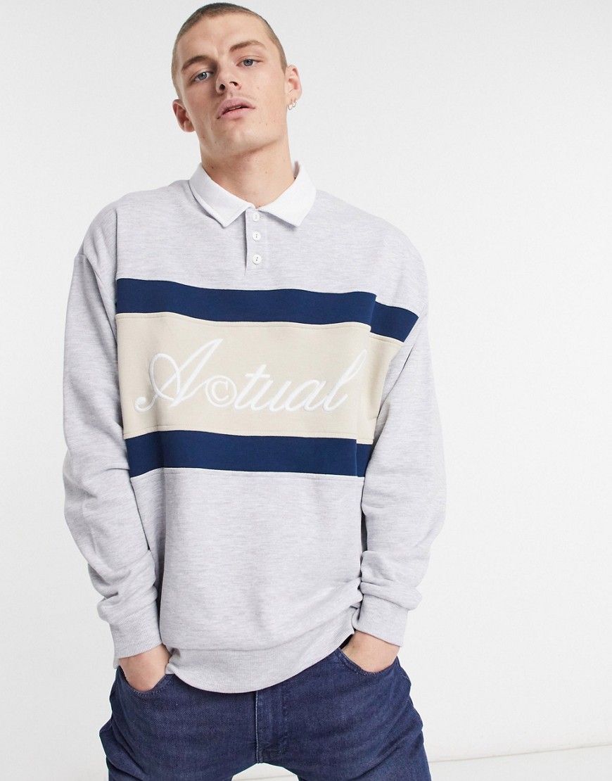 ASOS Actual oversized rugby sweatshirt with embroidered logo in gray heather-Grey