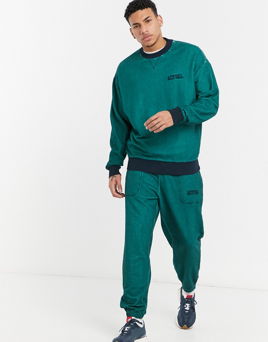 ASOS Actual oversized sweatpants set in teal reverse loopback with wash and embroidery-Green