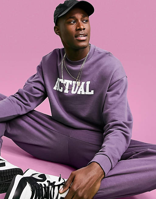 ASOS Actual oversized sweatshirt in purple with front varisty logo print