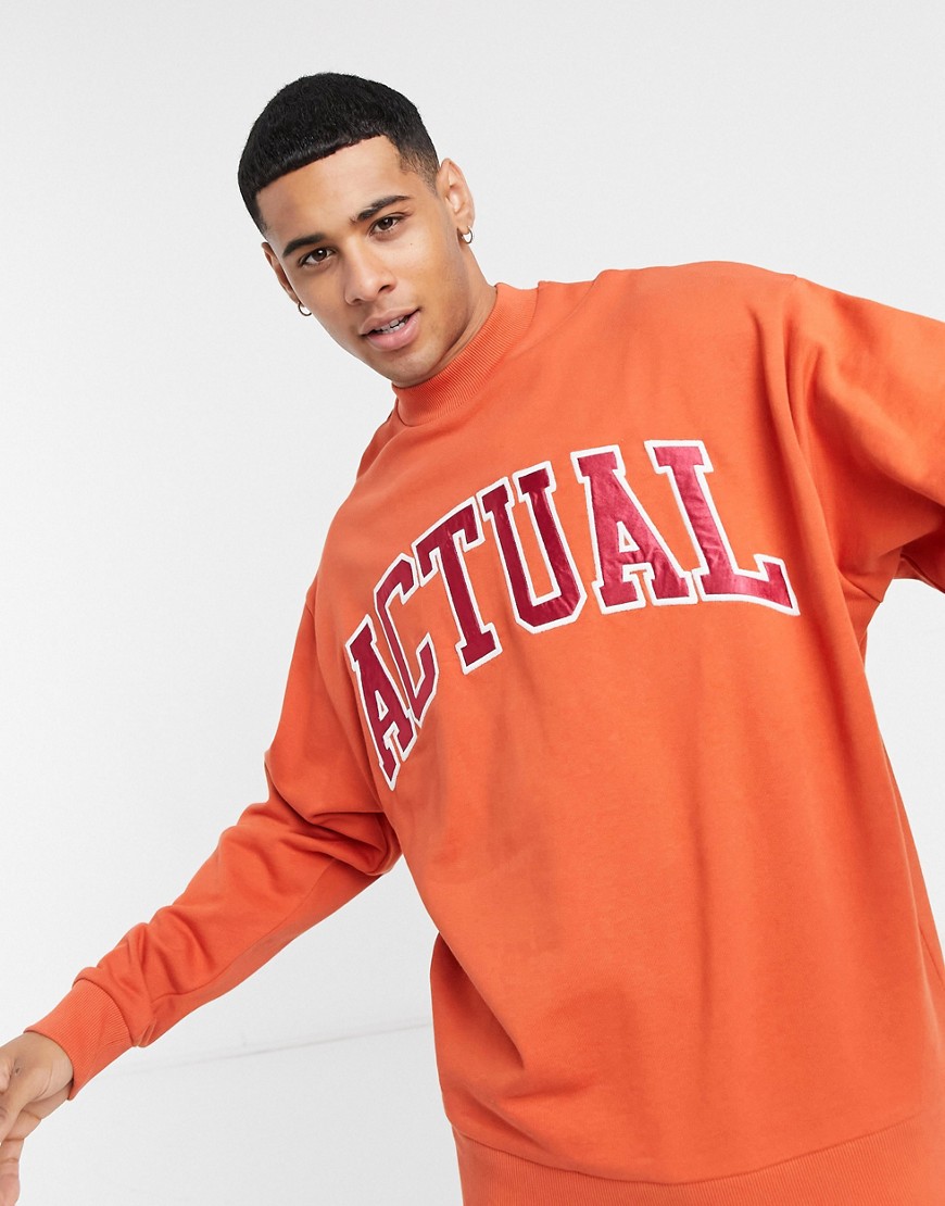 ASOS Actual oversized sweatshirt in rust with cord applique large logo-Orange