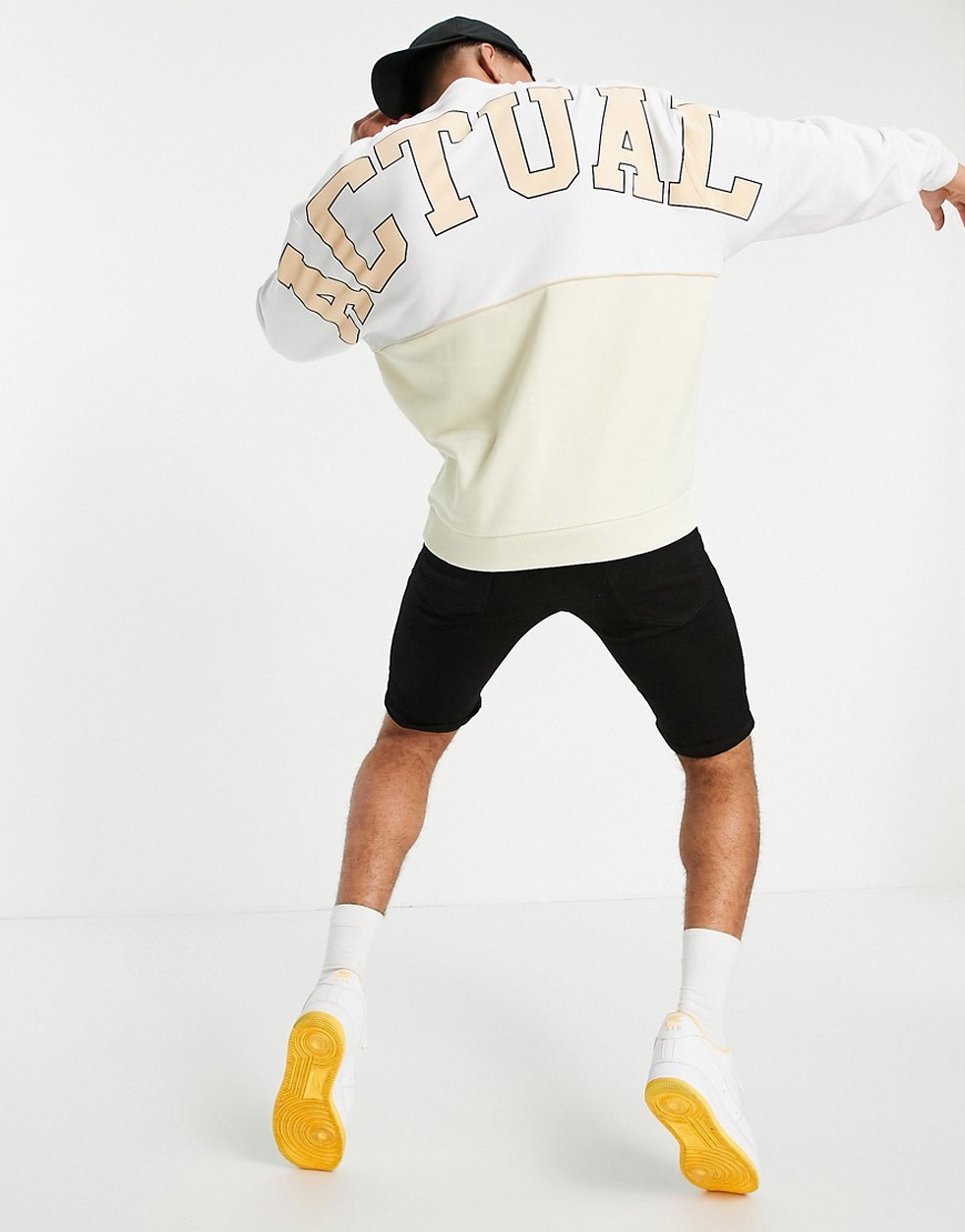 ASOS Actual oversized sweatshirt with boucle applique logo in white and neutral colour block