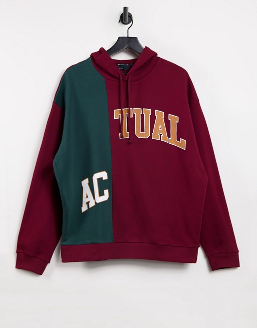 ASOS Actual oversized hoodie with cut and sew logo in burgundy and teal
