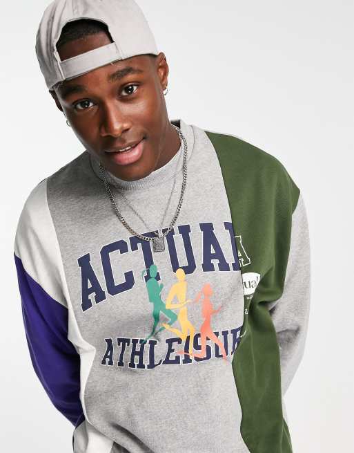 ASOS Actual oversized sweatshirt with graphic and logo print splicing in grey marle (part of a set)
