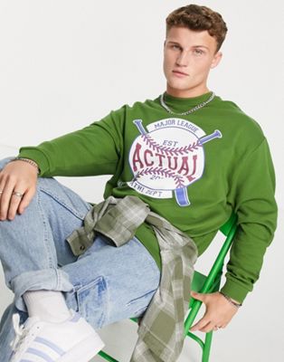 ASOS Actual oversized sweatshirt with vintage softball print in green