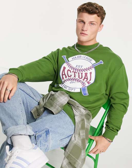 ASOS Actual oversized sweatshirt with vintage softball print in green 