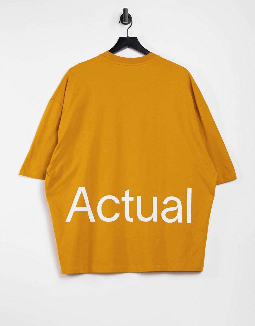 ASOS Actual oversized t-shirt in mustard yellow with front and back print