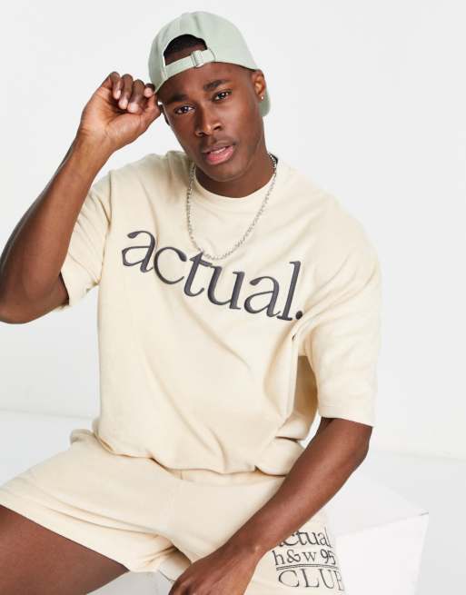 ASOS Actual oversized T-shirt in toweling with health and wellbeing club logo in cream (part of a set)