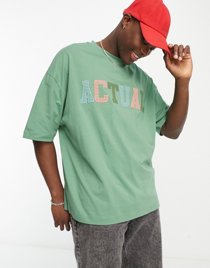 ASOS Actual oversized t-shirt with cross stitch logo in green