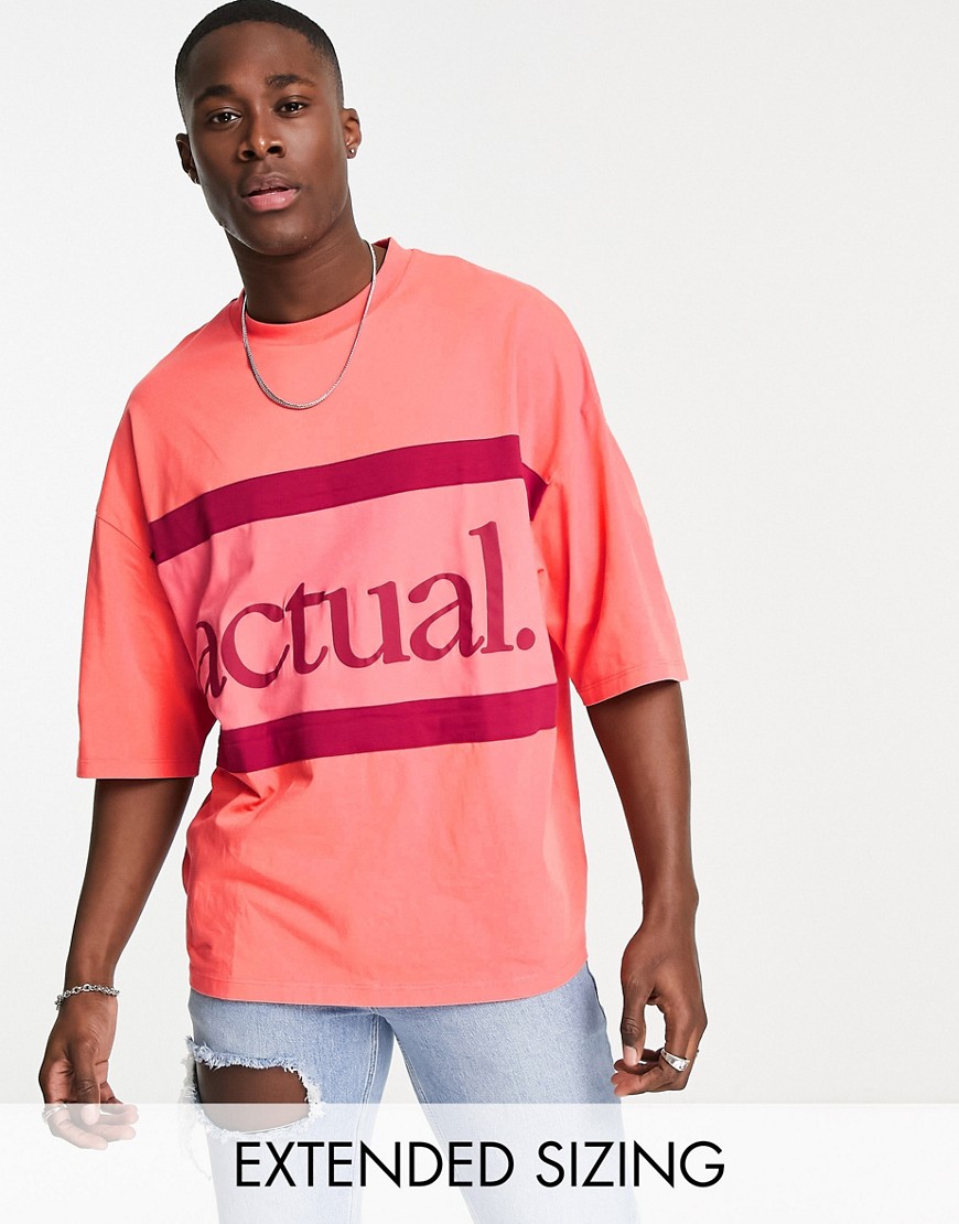 ASOS Actual oversized t-shirt with cut and sew panel and logo print in coral-Orange