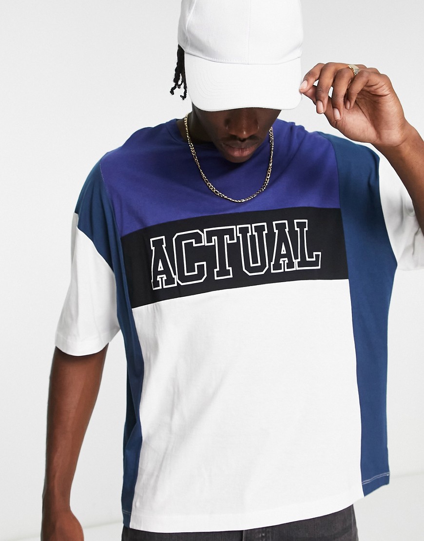 ASOS Actual oversized t-shirt with cut and sew panels and logo print in white and blue