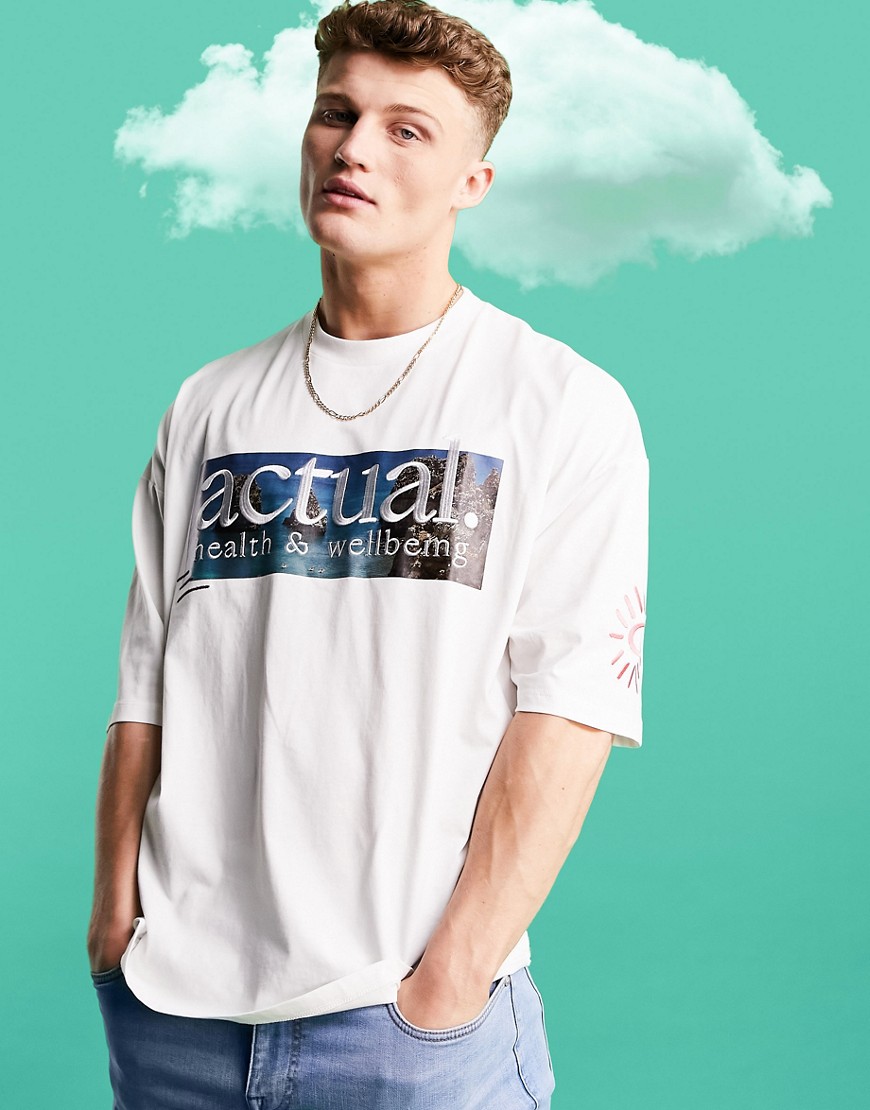 ASOS Actual oversized t-shirt with graphic print and 3D printed logo in off white-Neutral
