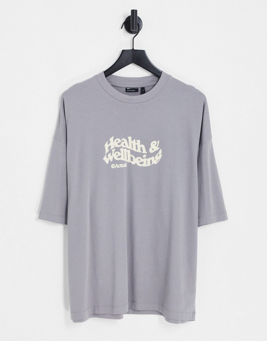 ASOS Actual oversized T-shirt with health and wellbeing small chest logo print in gray