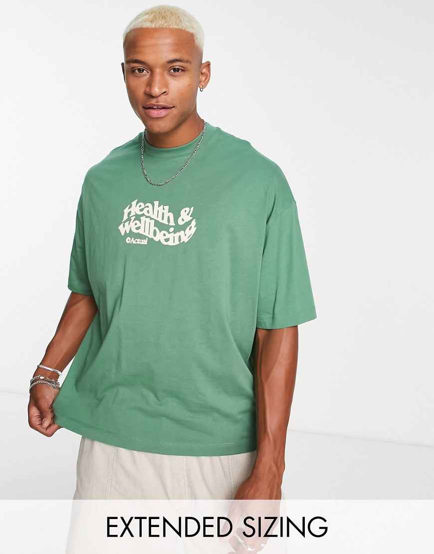 ASOS Actual oversized T-shirt with 'Health & Wellbeing' small chest logo print in green
