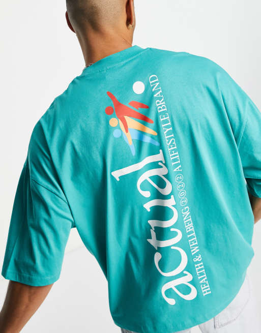 ASOS Actual oversized t-shirt with logo print and graphic in green, 3 of 4