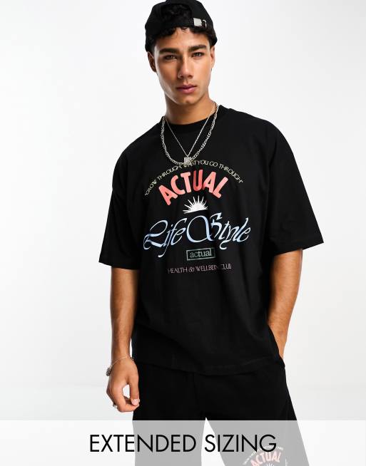 ASOS Actual oversized t-shirt with multi coloured life style logo in black (part of a set)