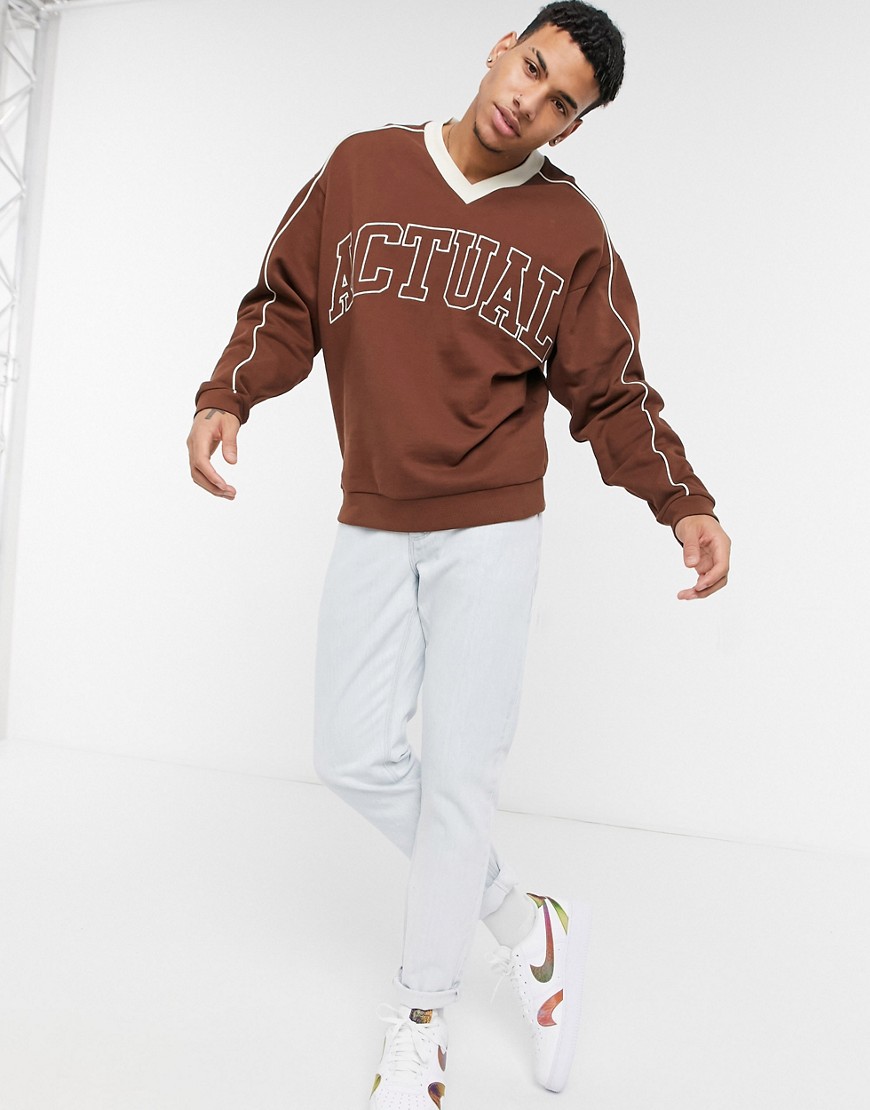ASOS Actual oversized v neck sweatshirt in brown with cut and sew embroidery