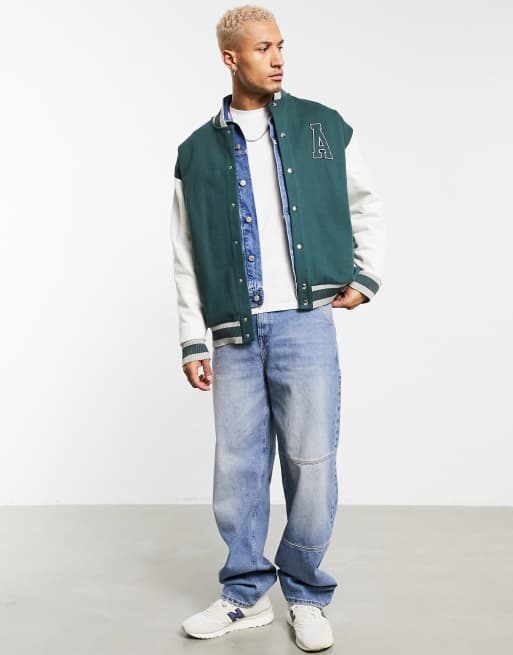 ASOS Real Leather Varsity Jacket in Green for Men