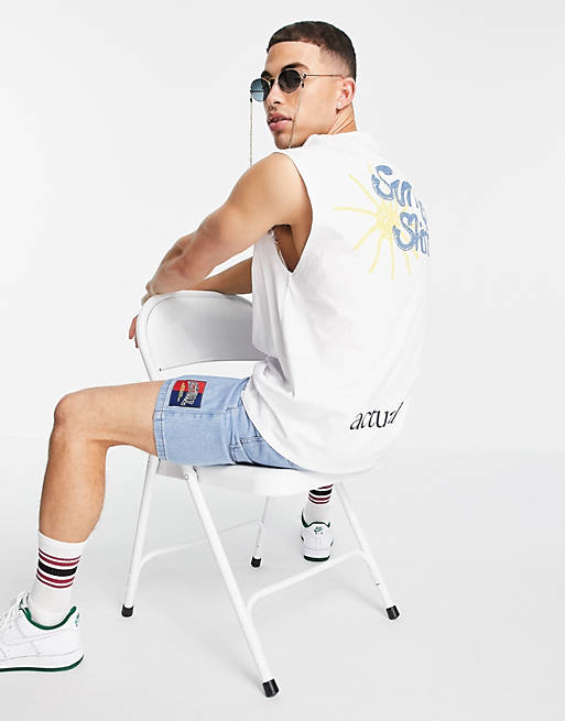 oversized vest with slogan and graphic back prints in white 