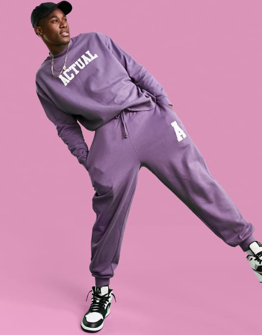 ASOS Actual relaxed jogger in purple with varisty logo print