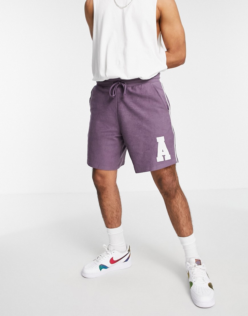 ASOS Actual relaxed reverse loopback short in purple with applique logo