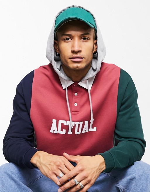 ASOS Actual relaxed rugby hoodie in vintage wash colour block