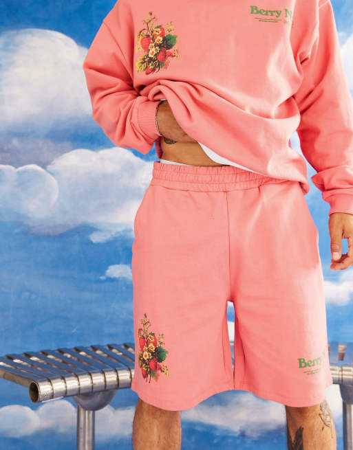 ASOS Actual relaxed shorts with berry nice graphic print in coral (part of a set)